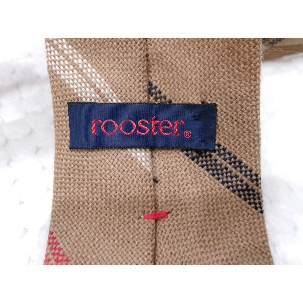 Rooster Mens 3x57 Necktie Tan Striped Scottish Lambswool Vintage Made in USA
